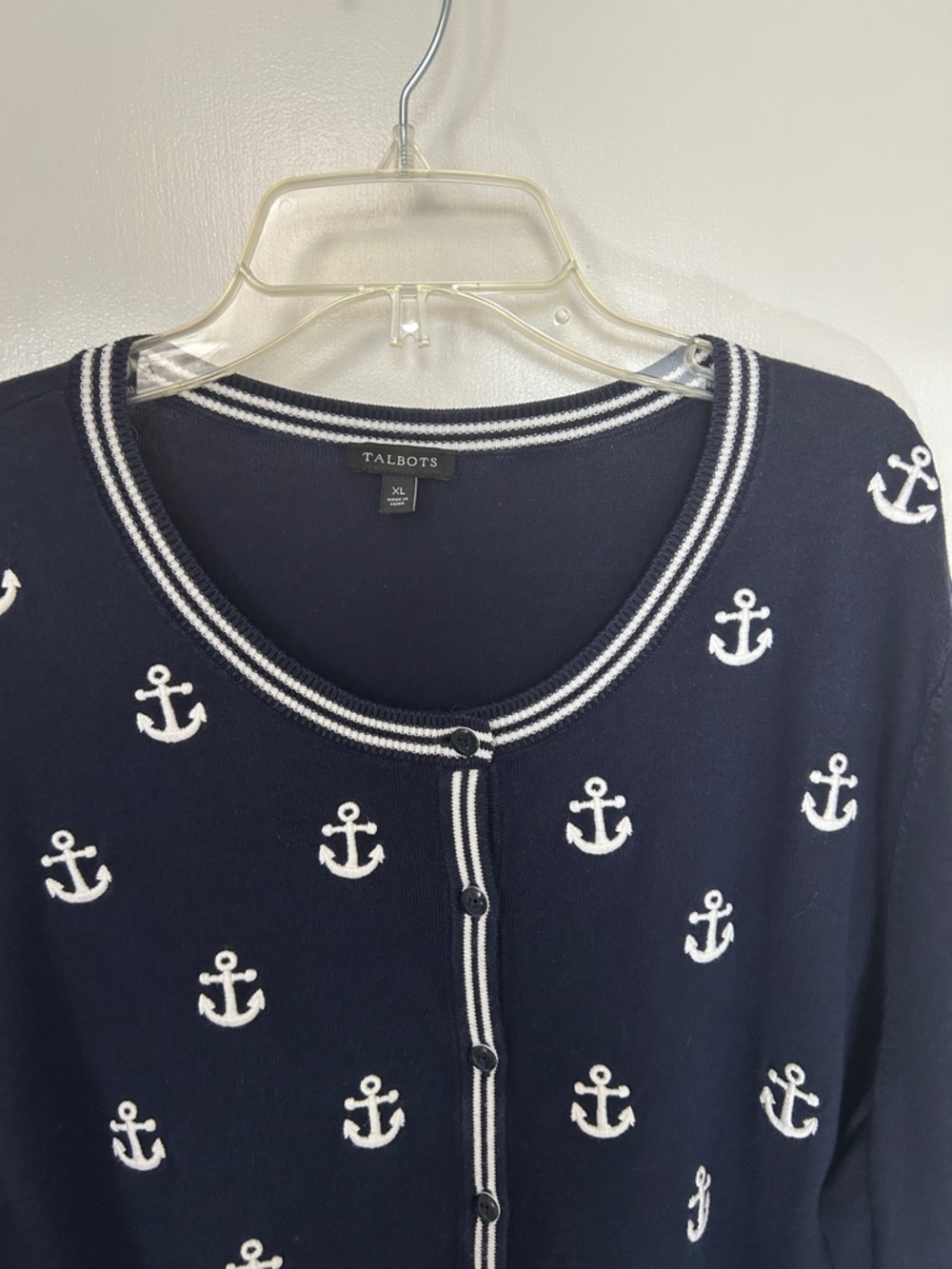 Talbots Navy Cardigan with White Anchor Nautical Motif, Cotton-Blend, XL